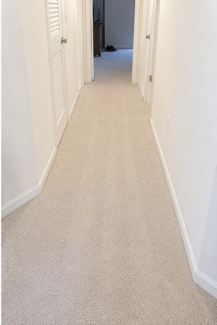 After: Clarksville hallway hit hard with Tennessee red clay after a rainy week. Solvent pre-treatment plus truck-mount extraction restored the original beige pile.