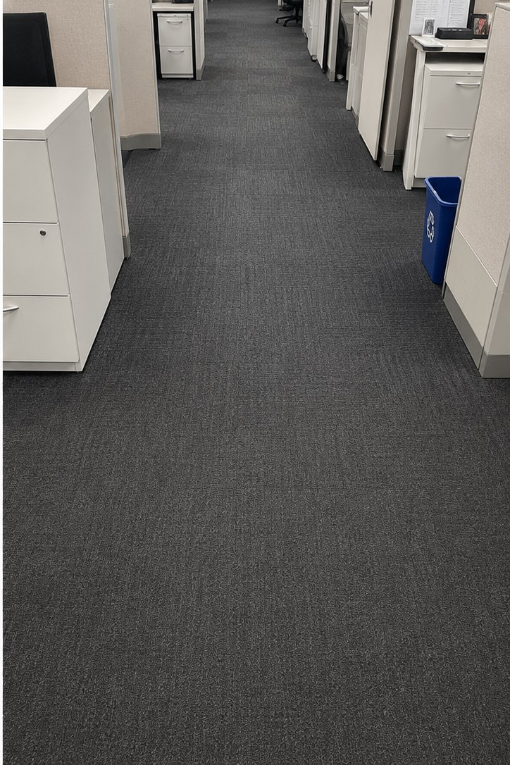 After: Commercial cubicle aisle off Exit 1 — spills and ground-in soil pulled from the carpet tile after hours so staff walked in on a fresh floor at 7 a.m.