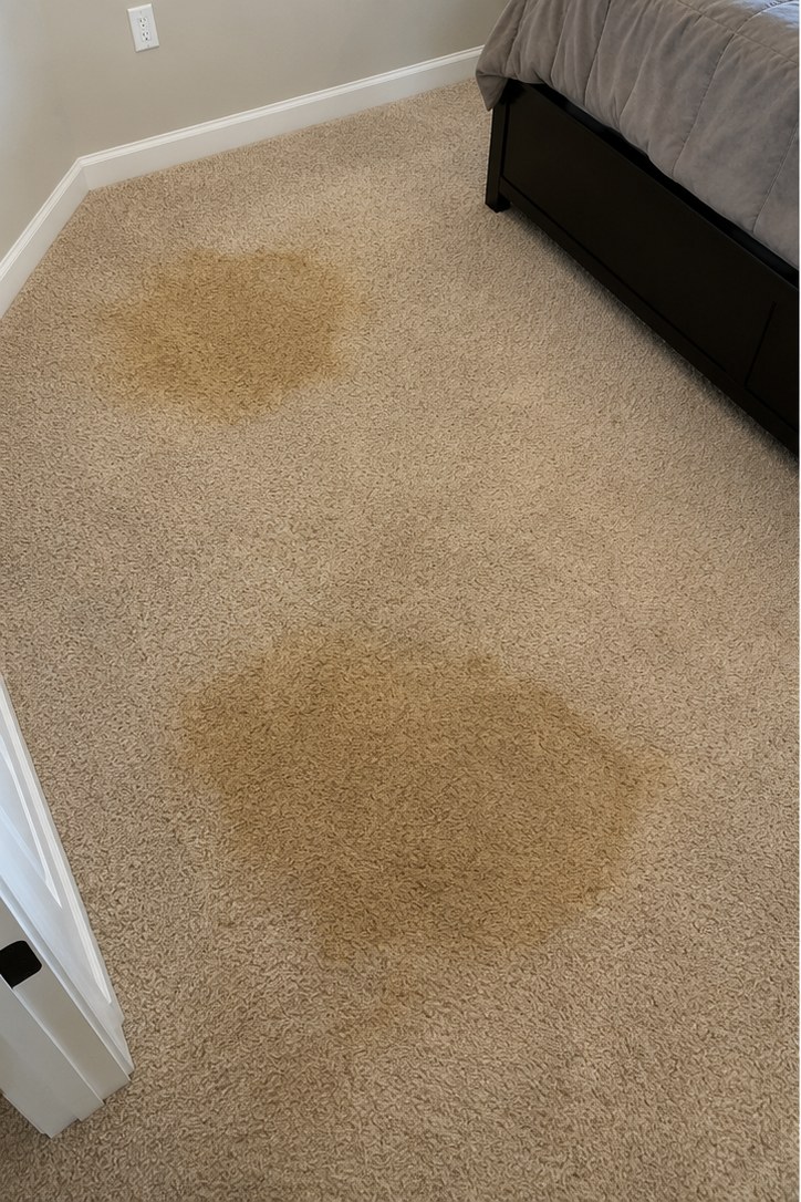 Before: Two set-in pet urine spots in a St. Bethlehem bedroom. Treated with enzyme pre-spray and sub-surface extraction — stains and odor gone, no rings.