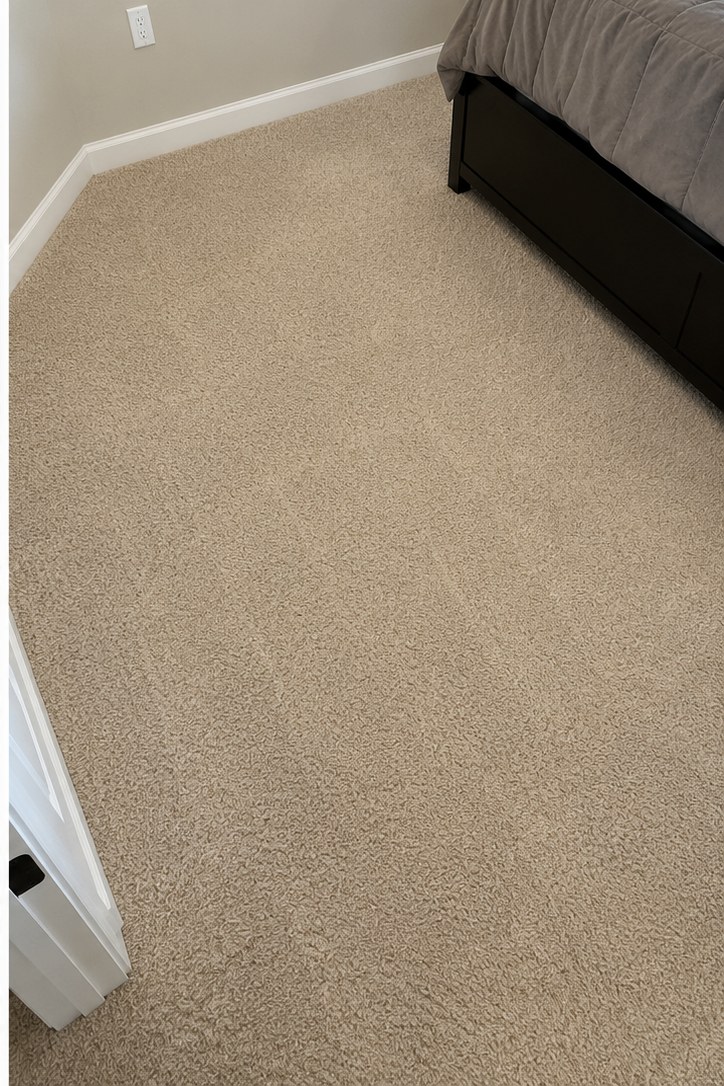 After: Two set-in pet urine spots in a St. Bethlehem bedroom. Treated with enzyme pre-spray and sub-surface extraction — stains and odor gone, no rings.
