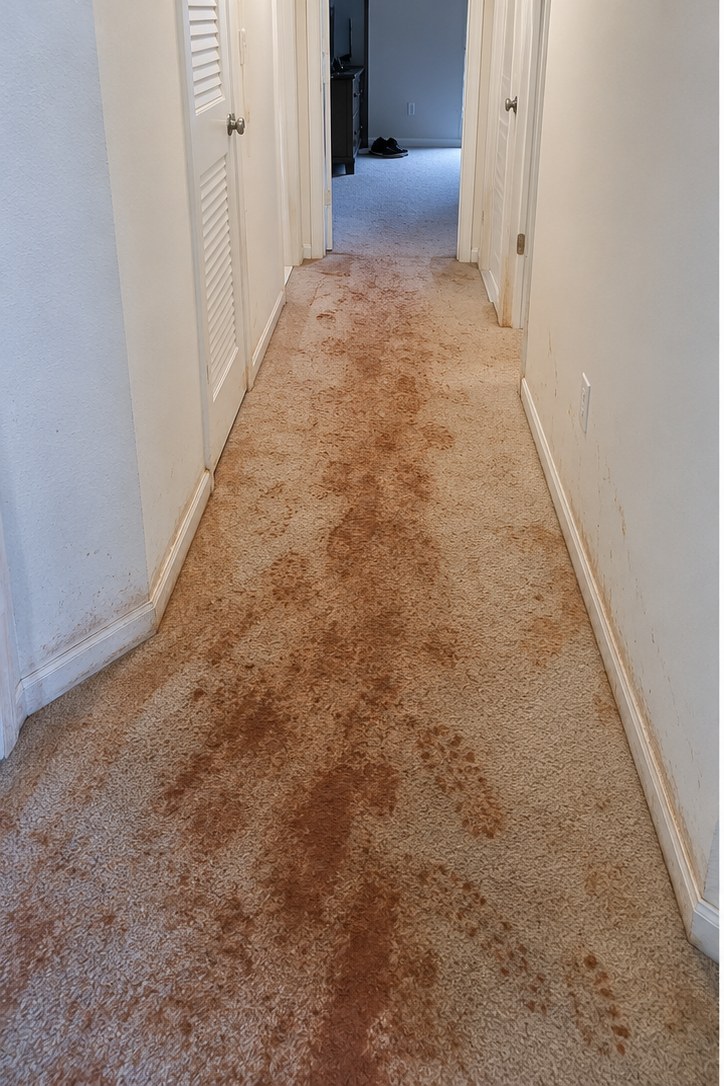 Before: Clarksville hallway hit hard with Tennessee red clay after a rainy week. Solvent pre-treatment plus truck-mount extraction restored the original beige pile.