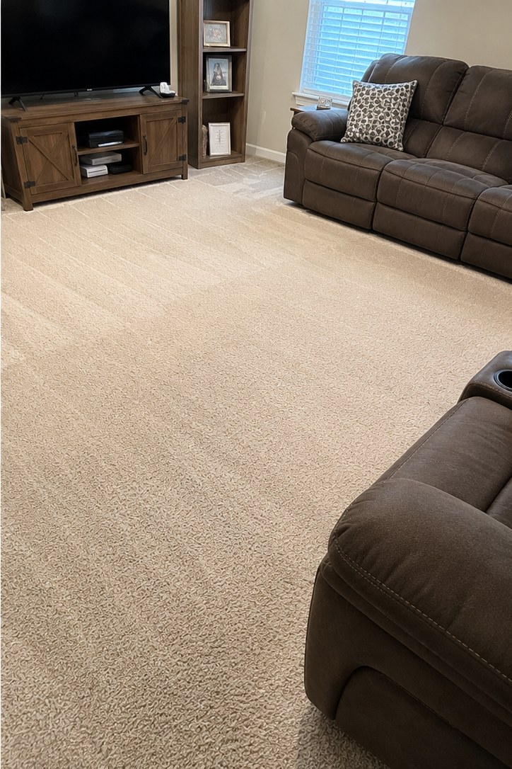 After: Sango family living room — heavy traffic-lane soil in front of the sectional was lifted with hot-water extraction. Pile groomed, dry in about 5 hours.